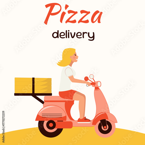 Cheerful girl courier on a scooter, Pizza delivery, pizza boxes, text