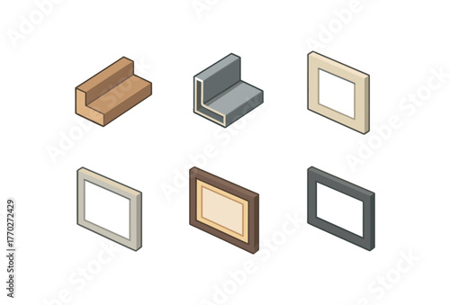 isometric icon items isolated on white background frames wooden moulding frames metal extrusion frames picture mount frames document bezel frames certificate holder frames overlay mask