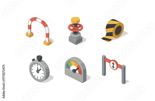isometric icon items isolated on white background constraints barrier arch constraints torque limiter valve constraints boundary tape roll constraints time cap dial constraints bandwidth