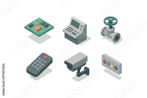 isometric icon items isolated on white background control logic circuit board control command center console control flow regulation valve control remote transmitter handset control