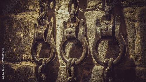 Rusty metal chains and shackles, with aged texture, on a stone wall in a dimly lit background, close-up view, copy space.