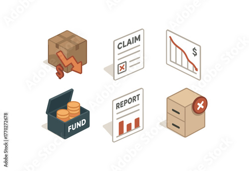 isometric icon items isolated on white background loss inventory deficit loss insurance claim form loss value depreciation curve loss recovery fund loss impact report loss memory archive