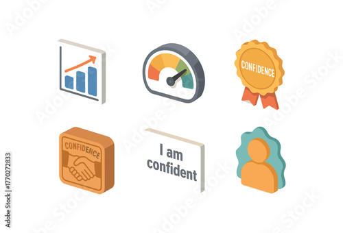 isometric icon items isolated on white background confidence interval chart confidence meter dial confidence booster badge confidence handshake stamp confidence mantra card confidence aura