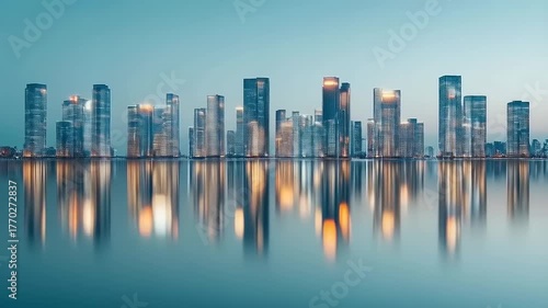 Spectacular Cityscape Reflection in Calm Water at Dusk, Urban Splendor View
