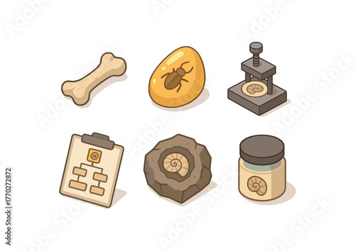isometric icon items isolated on white background fossil bone fragment fossil amber inclusion fossil molding press fossil taxonomy chart fossil rock matrix sample fossil conservation gel