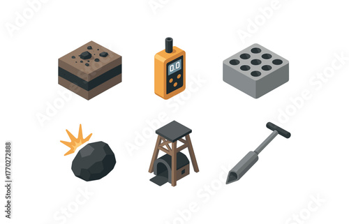 isometric icon items isolated on white background coal seam layer coal dust monitor coal briquette mold coal ignition spark coal mine shaft coal sampling corer
