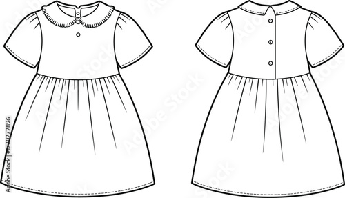 Children’s dress, Peter Pan collar, short sleeve design, gathered skirt, fashion flat, apparel sketch, garment construction, clothing template, cute outfit, kidswear fashion