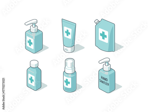 isometric icon items isolated on white background sanitizer pump dispenser sanitizer alcohol gel sanitizer refill pouch sanitizer bottle label sanitizer foam nozzle sanitizer hand rub