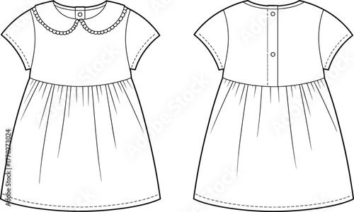 Children’s dress, short sleeve design, scalloped neckline, gathered skirt, fashion flat, apparel sketch, garment construction, clothing template, cute kidswear, modern outfit