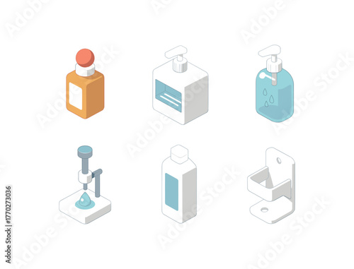isometric icon items isolated on white background sanitizer fragrance additive sanitizer UV sterilizer sanitizer gel polymer sanitizer viscosity tester sanitizer packaging cartridge