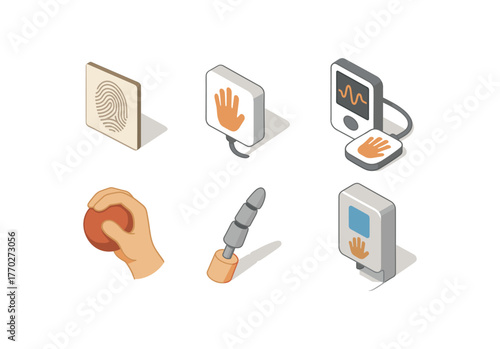 isometric icon items isolated on white background hand dermatoglyphic chart hand gesture sensor hand tremor monitor hand therapy ball hand prosthetic finger hand hygiene station