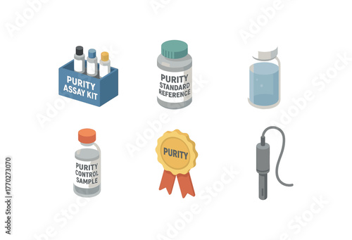 isometric icon items isolated on white background purity assay kit purity standard reference purity water benchmark purity control sample purity certification seal purity monitoring probe