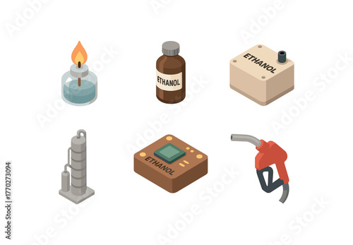 isometric icon items isolated on white background ethanol flame test ethanol solvent vial ethanol fuel cell ethanol distillation column ethanol sensor chip ethanol dispenser nozzle