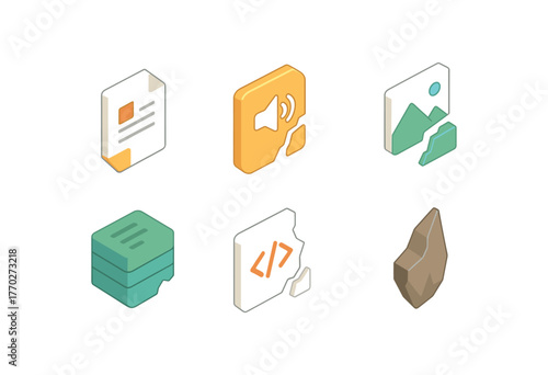 isometric icon items isolated on white background fragment file segment fragment audio clip fragment image tile fragment data packet fragment code snippet fragment shard piece