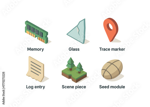 isometric icon items isolated on white background fragment memory snippet fragment glass splinter fragment log entry fragment trace marker fragment scene piece fragment seed module