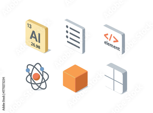 isometric icon items isolated on white background element periodic table tile element list item element HTML tag element atomic model element core unit element widget
