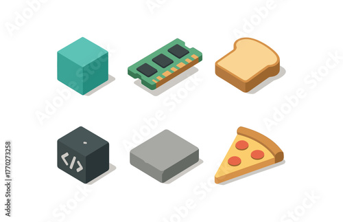isometric icon items isolated on white background chunk data chunk memory segment chunk bread slice chunk code chunk chunk stone slab chunk pizza slice