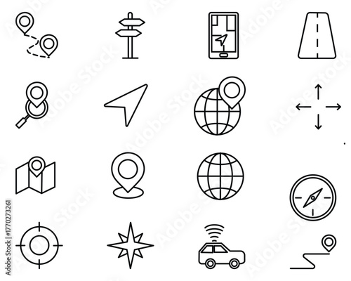 Navigation & Map Icon Set — Flat and Stroke Vector Symbols for Location, Tracking, and Travel Planning