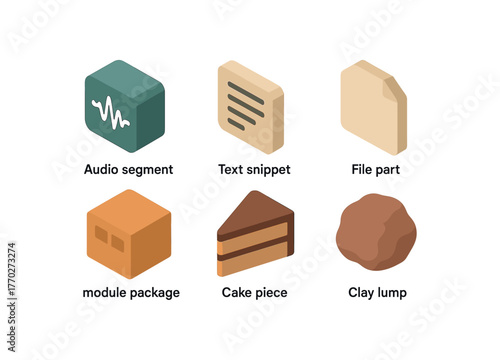 isometric icon items isolated on white background chunk audio segment chunk text snippet chunk file part chunk module package chunk cake piece chunk clay lump