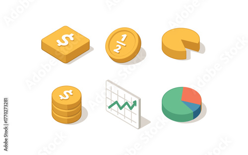 isometric icon items isolated on white background share equity unit share fraction token share pie segment share lot size share market index share allocation chart