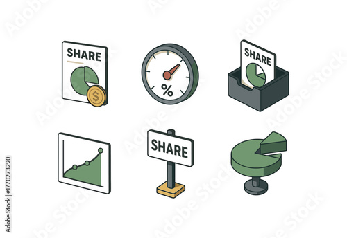 isometric icon items isolated on white background share dividend bond share percentage dial share portfolio slot share yield curve share split marker share slice gauge