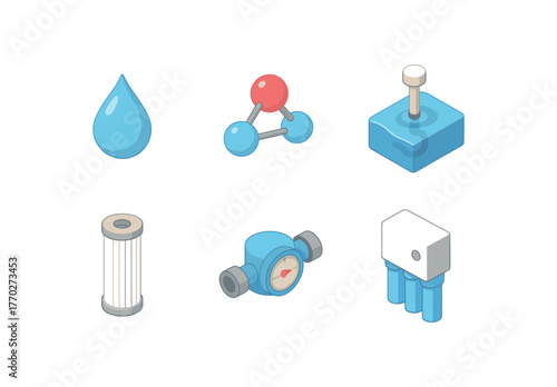 isometric icon items isolated on white background water droplet icon water molecule model water level sensor water filter cartridge water flow meter water purification unit