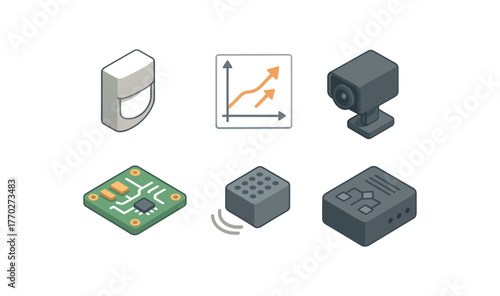 isometric icon items isolated on white background motion sensor array motion vector plot motion tracking camera motion control board motion pattern detector motion algorithm module