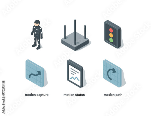 isometric icon items isolated on white background motion blur effect motion capture suit motion stage platform motion status indicator motion path analyzer motion data log