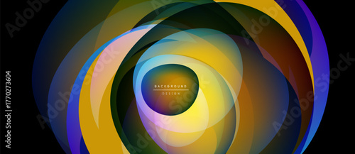 Abstract colorful layers create swirling vortex. Gradient hues blend, forming dynamic visual effect. Modern design element.