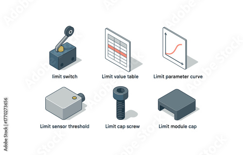 isometric icon items isolated on white background limit switch actuator limit value table limit parameter curve limit sensor threshold limit cap screw limit module cap