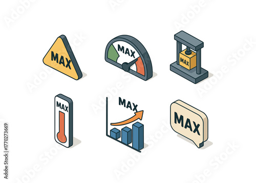 isometric icon items isolated on white background maximum peak indicator maximum value gauge maximum load test rig maximum threshold limit maximum performance chart maximum capacity