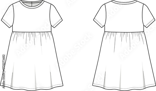 Technical flat sketch of girls short sleeve dress with gathered skirt and round neckline, fashion apparel template, clothing vector illustration