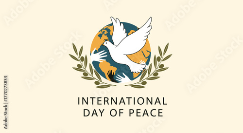 Promote global harmony with this International Day of Peace design featuring a dove, hands, earth, and olive branches for a hopeful message