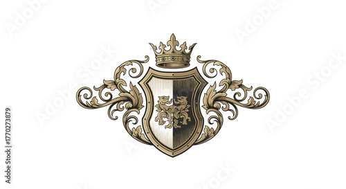 Elegant golden heraldic crest with crown and rampant lions, symbolizing heritage and prestige for luxury brands