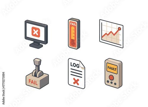 isometric icon items isolated on white background failure test rig failure threshold indicator failure probability graph failure safe state latch failure log file failure fault detector