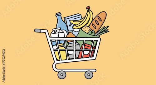 Whimsical shopping cart overflowing with fresh groceries, representing everyday needs and healthy eating