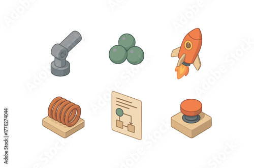 isometric icon items isolated on white background beginning pivot joint beginning primordium cluster beginning launch actuator beginning initiation coil beginning sequence chart beginning
