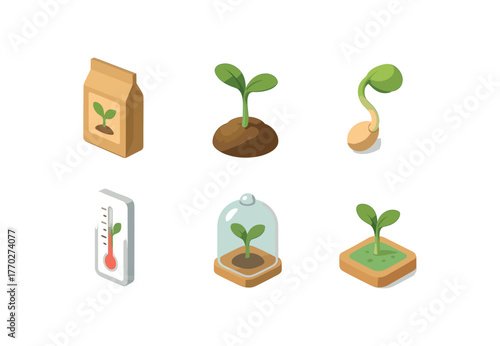 isometric icon items isolated on white background sprout seedling package sprout cotyledon blade sprout radicle axis sprout growth gauge sprout humidity chamber sprout nutrient gel pad