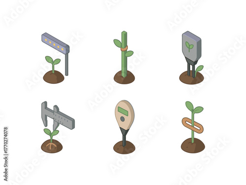 isometric icon items isolated on white background sprout LED grow light sprout support stake sprout moisture sensor sprout root caliper sprout soil tester sprout stem flex sensor