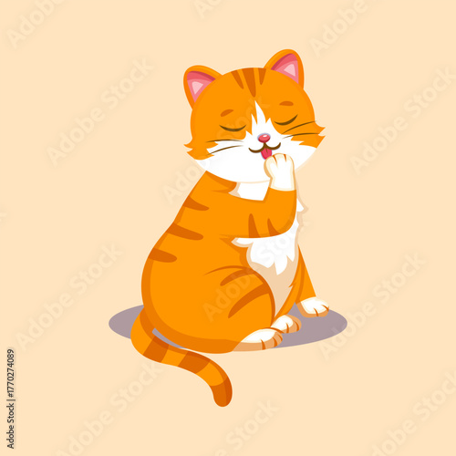 Cute orange cat licking its paw adorably, perfect for animal, pet, or daily life cartoon vector design.