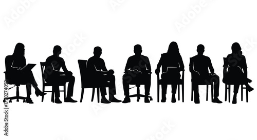 Diverse group of people in silhouette listen attentively during a meeting or therapy session, conveying focus and engagement