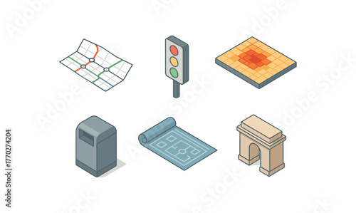 isometric icon items isolated on white background city map city traffic sensor city population heatmap city waste collection unit city planning blueprint city landmark icon
