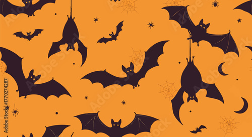 A repeating pattern of cartoon bats silhouetted against an orange background, with stars.