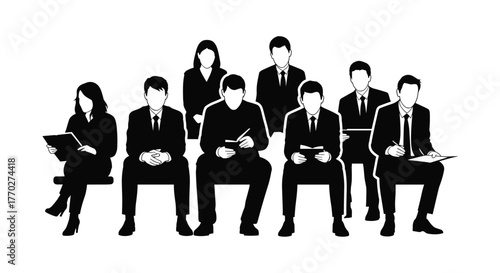 Diverse professionals in suits patiently waiting for interviews or meetings, focused and prepared for opportunities