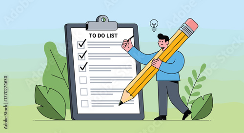 Man happily ticking off tasks on a large to-do list with a giant pencil, symbolizing productivity and goal achievement