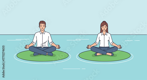Professional business people find inner peace meditating together on floating islands in calm blue water