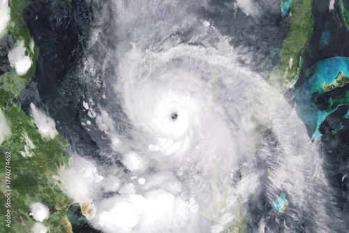 Hurricane Melissa 2025. Powerful hurricane seen from space with a clearly defined eye, showcasing the immense force of nature, swirling clouds, and dramatic beauty of extreme weather over the Island