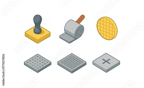 isometric icon items isolated on white background imprint stamp die imprint embossing roller imprint wafer mask imprint lithography plate imprint pattern generator imprint alignment mark