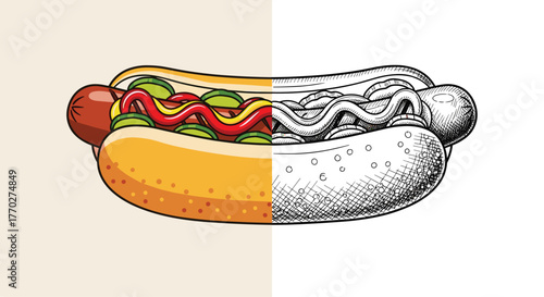 Delicious hot dog split image showing vibrant color and detailed sketch, perfect for food blogs or menus