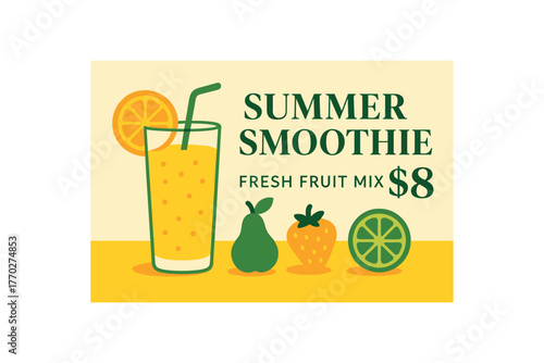 Flat vector banner design text Summer Smoothie $8 subtext Fresh Fruit Mix typography Lato + DM Serif Display icons of glass and fruit and green palette isolated on white marketing approved